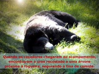 Quando os caçadores chegaram ao acampamento, encontraram o urso recostado a uma árvore próxima à fogueira, segurando a tina de comida. 