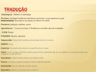 TRADUÇÃO
Osteologicos: Relativo à osteologia
Procídios: Zoologia Família de mamíferos carnívoros, a que pertence o quati
Intracranianas: Que está ou se passa no interior do crânio
Pandarcto: pedaços, estilhas, cacos
Agrioritherium: 1 Loucura furiosa. 2 Tendência a cometer atos de crueldade
大熊猫: Panda
FORAMES: Buraco, abertura
Intepicondilar: Epicondilo:Apófise:extremidade inferor do úmero
ÚMERO: Osso
Anatomia: Excrescência natural na superfície de um osso
Canal: Curso de água artficial cavado peça homem utolizada seja pra navegação ou transporte seja para
irrigação ou drenamento
Suborbitario: oftalm situado abaxo da órbita do olho
Fissura: rachadura abertura pequena feita longitudinalmente
Dorsovental: que se estende do lado dorsal
Zigomático: relativo ou pertecente ao zigoma.
 