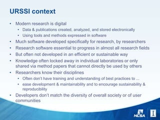 URSSI context
• Modern research is digital
• Data & publications created, analyzed, and stored electronically
• Using tools and methods expressed in software
• Much software developed specifically for research, by researchers
• Research software essential to progress in almost all research fields
• But often not developed in an efficient or sustainable way
• Knowledge often locked away in individual laboratories or only
shared via method papers that cannot directly be used by others
• Researchers know their disciplines
• Often don’t have training and understanding of best practices to ...
• ease development & maintainability and to encourage sustainability &
reproducibility
• Developers don’t match the diversity of overall society or of user
communities
 