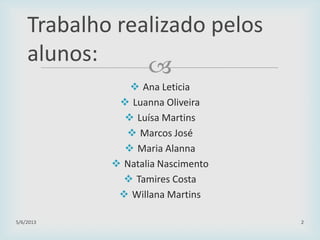 
 Ana Leticia
 Luanna Oliveira
 Luísa Martins
 Marcos José
 Maria Alanna
 Natalia Nascimento
 Tamires Costa
 Willana Martins
29/01/2015 2
Trabalho realizado pelos
alunos:
 