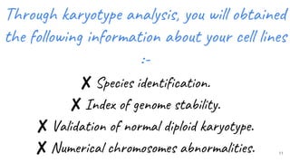 11
✘Species identification.
✘Index of genome stability.
✘Validation of normal diploid karyotype.
✘Numerical chromosomes abnormalities.
Through karyotype analysis, you will obtained
the following information about your cell lines
:-
 