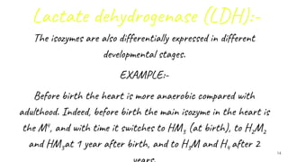 Lactate dehydrogenase (LDH):-
The isozymes are also differentially expressed in different
developmental stages.
EXAMPLE:-
Before birth the heart is more anaerobic compared with
adulthood. Indeed, before birth the main isozyme in the heart is
the M4, and with time it switches to HM3 (at birth), to H2M2
and HM3at 1 year after birth, and to H3M and H4 after 2
14
 