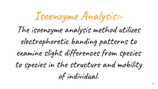 15
Isoenzyme Analysis:-
The isoenzyme analysis method utilizes
electrophoretic banding patterns to
examine slight differences from species
to species in the structure and mobility
of individual.
 