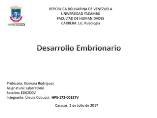 Profesora: Xiomara Rodríguez
Asignatura: Laboratorio
Sección: ED02D0V
Integrante: Úrsula Cobucci. HPS-172-00127V
Caracas, 1 de Julio de 2017
REPÚBLICA BOLIVARINA DE VENEZUELA
UNIVERSIDAD YACAMBÚ
FACULTAD DE HUMANIDADES
CARRERA: Lic. Psicología
 