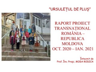 ”URSULEȚUL DE PLUȘ”
RAPORT PROIECT
TRANSNAȚIONAL
ROMÂNIA –
REPUBLICA
MOLDOVA
OCT. 2020 – IAN. 2021
Întocmit de
Prof. Înv. Preșc. MOGA RODICA
 