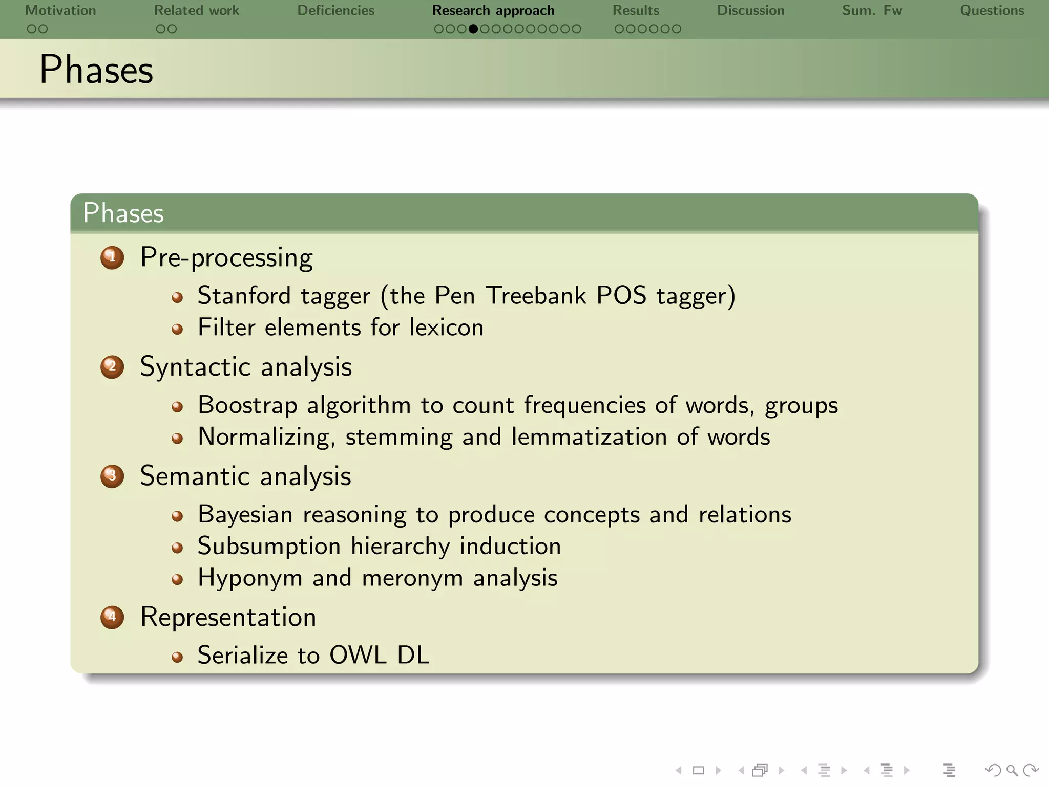 Motivation        Related work   Deﬁciencies   Research approach   Results   Discussion   Sum. Fw   Questions



 Phases


       Phases
             1   Pre-processing
                        Stanford tagger (the Pen Treebank POS tagger)
                        Filter elements for lexicon
             2   Syntactic analysis
                        Boostrap algorithm to count frequencies of words, groups
                        Normalizing, stemming and lemmatization of words
             3   Semantic analysis
                        Bayesian reasoning to produce concepts and relations
                        Subsumption hierarchy induction
                        Hyponym and meronym analysis
             4   Representation
                        Serialize to OWL DL
 