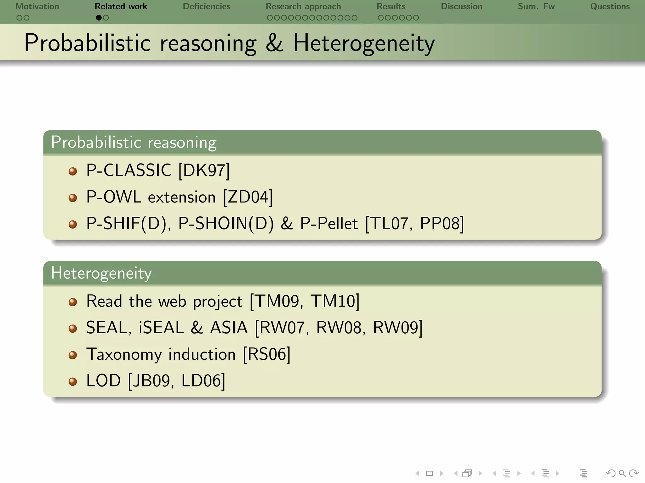 Motivation    Related work   Deﬁciencies   Research approach   Results   Discussion   Sum. Fw   Questions



 Probabilistic reasoning & Heterogeneity


       Probabilistic reasoning
             P-CLASSIC [DK97]
             P-OWL extension [ZD04]
             P-SHIF(D), P-SHOIN(D) & P-Pellet [TL07, PP08]

       Heterogeneity
             Read the web project [TM09, TM10]
             SEAL, iSEAL & ASIA [RW07, RW08, RW09]
             Taxonomy induction [RS06]
             LOD [JB09, LD06]
 