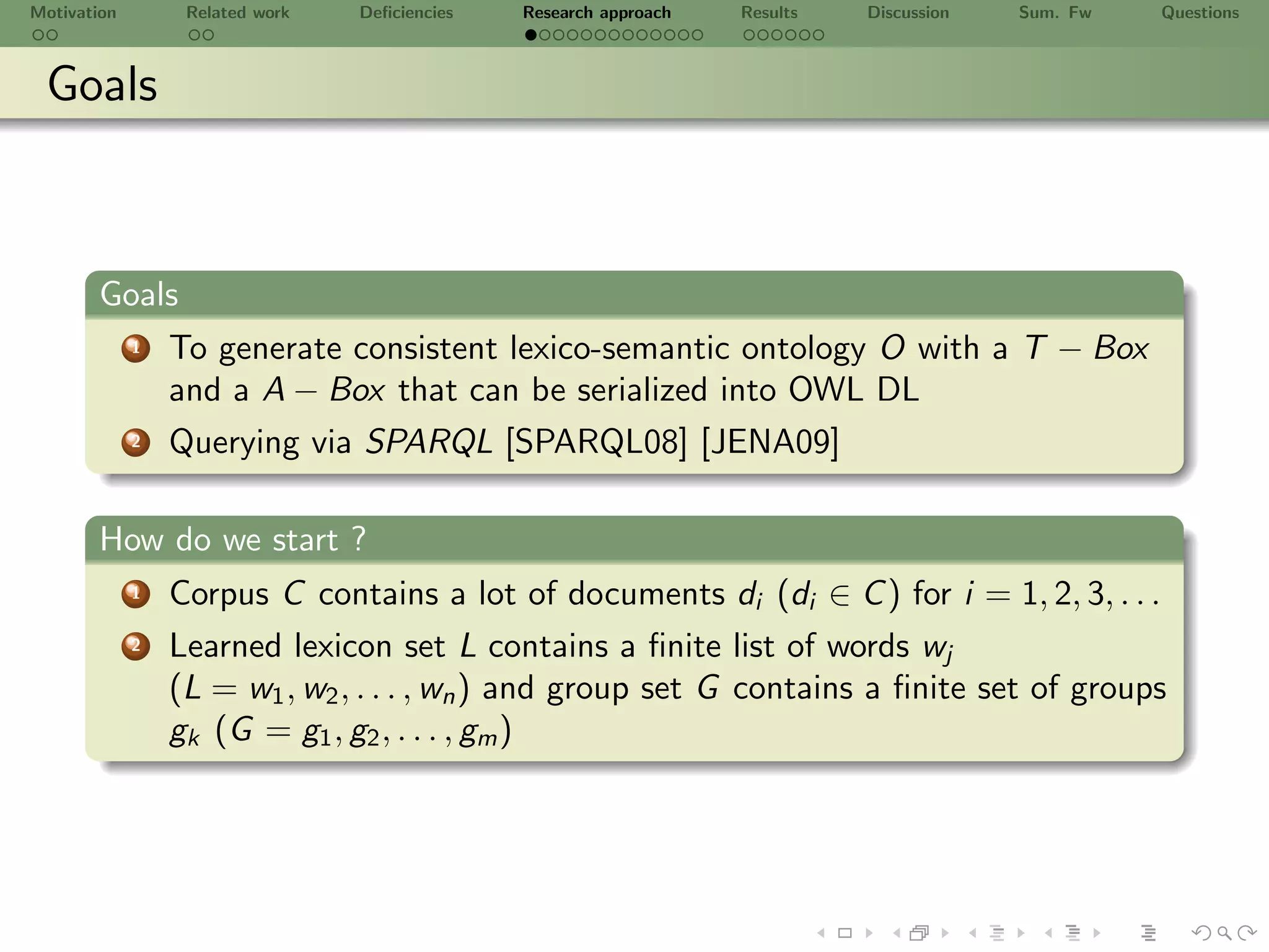 Motivation        Related work   Deﬁciencies   Research approach   Results   Discussion   Sum. Fw   Questions



 Goals



       Goals
             1   To generate consistent lexico-semantic ontology O with a T − Box
                 and a A − Box that can be serialized into OWL DL
             2   Querying via SPARQL [SPARQL08] [JENA09]

       How do we start ?
             1   Corpus C contains a lot of documents di (di ∈ C ) for i = 1, 2, 3, . . .
             2   Learned lexicon set L contains a ﬁnite list of words wj
                 (L = w1 , w2 , . . . , wn ) and group set G contains a ﬁnite set of groups
                 gk (G = g1 , g2 , . . . , gm )
 