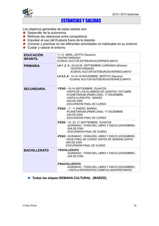 2012 / 2013 ikasturtea

                          ESTANCIAS Y SALIDAS
Los objetivos generales de estas salidas son:
   Desarrollo de la autonomía
   Reforzar las relaciones entre compañeros
   Impulsar el uso del Euskara fuera de la ikastola
   Conocer y practicar en las diferentes actividades no habituales en su entorno
   Cuidar y valorar el entorno

EDUCACIÓN               11-12 ABRIL; ASTITZ (Navarra)
INFANTIL                TEATRO PARAISO
                        EUSKAL KULTUR ASTEBURUA(VIERNES):MAYO
PRIMARIA                LH 1 ,2 ,3: -24-25-26 SEPTIEMBRE LURRASKA (Bizkaia)
                                   -TEATRO PARAISO
                                   -EUSKAL KULTUR ASTEBURUA(VIERNES):MAYO
                        LH 4,5 ,6:- 14-15-16 NOVIEMBRE BERTITZ (Navarra)
                                  -EUSKAL KULTUR ASTEBURUA(VIERNES):MAYO


SECUNDARIA              1ºESO: -10-14 SEPTIEMBRE :ZUHATZA
                              -VISITA DE LOS ALUMNOS DE LEKEITIO: OCTUBRE
                              -PLANETARIUM (PAMPLONA): 17 DICIEMBRE
                              -VISITA A LEKEITIO : MARZO
                              -DIA DE ESKI
                              -EXCURSION FINAL DE CURSO
                        2ºESO: - 7 - 11 ENERO: BARRIA
                              -PLANETARIUM (PAMPLONA): 17 DICIEMBRE
                              -DIA DE ESKI
                              -EXCURSION FINAL DE CURSO
                        3ºESO: -19, 20, 21 SEPTIEMBRE: ZUHATZA
                               -DURANGO : FERIA DEL LIBRO Y DISCO (DICIEMBRE)
                               -DIA DE ESKI
                               -EXCURSION FINAL DE CURSO
                        4ºESO: -DURANGO : FERIA DEL LIBRO Y DISCO (DICIEMBRE)
                             -VIAJE FINAL DE CURSO: ANTES DE SEMANA SANTA
                             -DIA DE ESKI
                             -EXCURSION FINAL DE CURSO
BACHILLERATO            1ºBAHILLERATO:
                              -DURANGO : FERIA DEL LIBRO Y DISCO (DICIEMBRE)
                              -DIA DE ESKI

                        2ºBACHILLERATO:
                              -DURANGO : FERIA DEL LIBRO Y DISCO (DICIEMBRE)
                              - VISITA A DIFERENTES CAMPUS UNIVERSITARIOS

        Todas las etapas:SEMANA CULTURAL (MARZO)




Urteko Plana                                                                   26
 