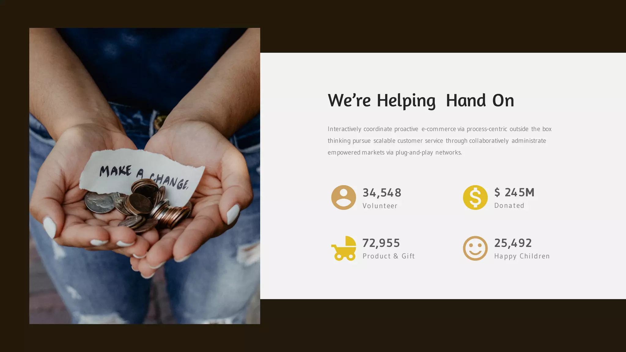 25,492
Happy Children
$ 245M
Donated
We’re Helping Hand On
Interactively coordinate proactive e-commerce via process-centric outside the box
thinking pursue scalable customer service through collaboratively administrate
empowered markets via plug-and-play networks.
34,548
Volunteer
72,955
Product & Gift
 