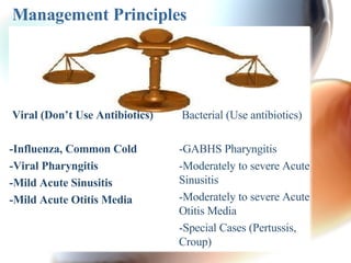 Management Principles Viral (Don’t Use Antibiotics) -Influenza, Common Cold -Viral Pharyngitis -Mild Acute Sinusitis -Mild Acute Otitis Media Bacterial (Use antibiotics) -GABHS Pharyngitis -Moderately to severe Acute Sinusitis -Moderately to severe Acute Otitis Media -Special Cases (Pertussis, Croup) 