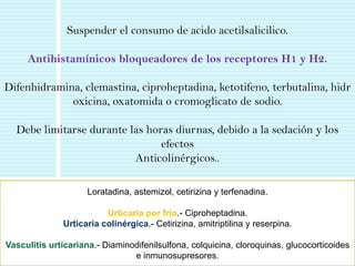 Suspender el consumo de acido acetilsalicilico.

     Antihistamínicos bloqueadores de los receptores H1 y H2.

Difenhidramina, clemastina, ciproheptadina, ketotifeno, terbutalina, hidr
             oxicina, oxatomida o cromoglicato de sodio.

  Debe limitarse durante las horas diurnas, debido a la sedación y los
                                efectos
                          Anticolinérgicos..

                     Loratadina, astemizol, cetirizina y terfenadina.

                         Urticaria por frio.- Ciproheptadina.
              Urticaria colinérgica.- Cetirizina, amitriptilina y reserpina.

Vasculitis urticariana.- Diaminodifenilsulfona, colquicina, cloroquinas, glucocorticoides
                                e inmunosupresores.
 