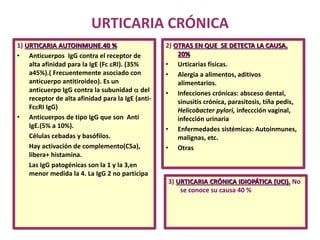 URTICARIA CRÓNICA
1) URTICARIA AUTOINMUNE.40 %
• Anticuerpos IgG contra el receptor de
alta afinidad para la IgE (Fc eRI). (35%
a45%).( Frecuentemente asociado con
anticuerpo antitiroideo). Es un
anticuerpo IgG contra la subunidad a del
receptor de alta afinidad para la IgE (anti-
FceRI IgG)
• Anticuerpos de tipo IgG que son Anti
IgE.(5% a 10%).
Células cebadas y basófilos.
Hay activación de complemento(C5a),
libera+ histamina.
Las IgG patogénicas son la 1 y la 3,en
menor medida la 4. La IgG 2 no participa
2) OTRAS EN QUE SE DETECTA LA CAUSA.
20%
• Urticarias físicas.
• Alergia a alimentos, aditivos
alimentarios.
• Infecciones crónicas: absceso dental,
sinusitis crónica, parasitosis, tiña pedis,
Helicobacter pylori, infeccción vaginal,
infección urinaria
• Enfermedades sistémicas: Autoinmunes,
malignas, etc.
• Otras
3) URTICARIA CRÓNICA IDIOPÁTICA (UCI). No
se conoce su causa 40 %
 