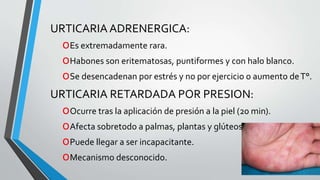 URTICARIA ADRENERGICA: 
oEs extremadamente rara. 
oHabones son eritematosas, puntiformes y con halo blanco. 
oSe desencadenan por estrés y no por ejercicio o aumento de T°. 
URTICARIA RETARDADA POR PRESION: 
oOcurre tras la aplicación de presión a la piel (20 min). 
oAfecta sobretodo a palmas, plantas y glúteos. 
oPuede llegar a ser incapacitante. 
oMecanismo desconocido. 
 