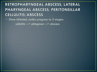 • Once infected, nodes progress to 3 stages:
cellulitis --> phlegmon --> abscess
 