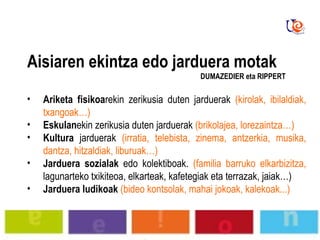       Aisiaren ekintza edo jarduera motak   Ariketa fisikoa rekin zerikusia duten jarduerak   (kirolak, ibilaldiak, txangoak…) Eskulan ekin zerikusia duten jarduerak   (brikolajea, lorezaintza…) Kultura  jarduerak   (irratia, telebista, zinema, antzerkia, musika, dantza, hitzaldiak, liburuak…) Jarduera sozialak  edo kolektiboak.   (familia barruko elkarbizitza,  lagunarteko txikiteoa, elkarteak, kafetegiak eta terrazak, jaiak…)  Jarduera   ludikoak   (bideo kontsolak, mahai jokoak, kalekoak...) DUMAZEDIER eta RIPPERT   