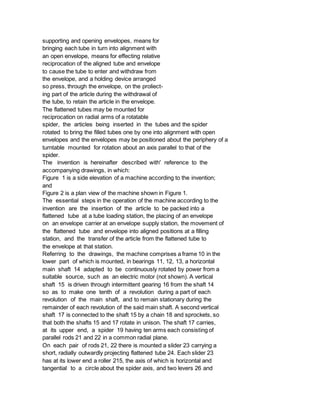 supporting and opening envelopes, means for
bringing each tube in turn into alignment with
an open envelope, means for effecting relative
reciprocation of the aligned tube and envelope
to cause the tube to enter and withdraw from
the envelope, and a holding device arranged
so press, through the envelope, on the proliect-
ing part of the article during the withdrawal of
the tube, to retain the article in the envelope.
The flattened tubes may be mounted for
reciprocation on radial arms of a rotatable
spider, the articles being inserted in the tubes and the spider
rotated to bring the filled tubes one by one into alignment with open
envelopes and the envelopes may be positioned about the periphery of a
turntable mounted for rotation about an axis parallel to that of the
spider.
The invention is hereinafter described with' reference to the
accompanying drawings, in which:
Figure 1 is a side elevation of a machine according to the invention;
and
Figure 2 is a plan view of the machine shown in Figure 1.
The essential steps in the operation of the machine according to the
invention are the insertion of the article to be packed into a
flattened tube at a tube loading station, the placing of an envelope
on an envelope carrier at an envelope supply station, the movement of
the flattened tube and envelope into aligned positions at a filling
station, and the transfer of the article from the flattened tube to
the envelope at that station.
Referring to the drawings, the machine comprises a frame 10 in the
lower part of which is mounted, in bearings 11, 12, 13, a horizontal
main shaft 14 adapted to be continuously rotated by power from a
suitable source, such as an electric motor (not shown). A vertical
shaft 15 is driven through intermittent gearing 16 from the shaft 14
so as to make one tenth of a revolution during a part of each
revolution of the main shaft, and to remain stationary during the
remainder of each revolution of the said main shaft. A second vertical
shaft 17 is connected to the shaft 15 by a chain 18 and sprockets, so
that both the shafts 15 and 17 rotate in unison. The shaft 17 carries,
at its upper end, a spider 19 having ten arms each consisting of
parallel rods 21 and 22 in a common radial plane.
On each pair of rods 21, 22 there is mounted a slider 23 carrying a
short, radially outwardly projecting flattened tube 24. Each slider 23
has at its lower end a roller 215, the axis of which is horizontal and
tangential to a circle about the spider axis, and two levers 26 and
 
