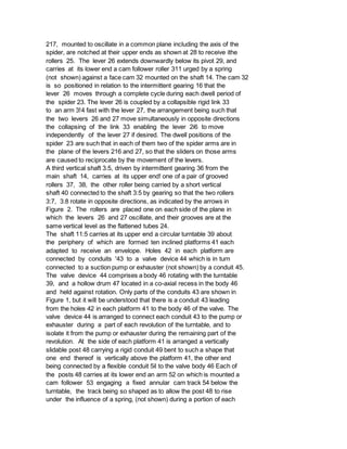 217, mounted to oscillate in a common plane including the axis of the
spider, are notched at their upper ends as shown at 28 to receive ithe
rollers 25. The lever 26 extends downwardly below its pivot 29, and
carries at its lower end a cam follower roller 311 urged by a spring
(not shown) against a face cam 32 mounted on the shaft 14. The cam 32
is so positioned in relation to the intermittent gearing 16 that the
lever 26 moves through a complete cycle during each dwell period of
the spider 23. The lever 26 is coupled by a collapsible rigid link 33
to an arm 3!4 fast with the lever 27, the arrangement being such that
the two levers 26 and 27 move simultaneously in opposite directions
the collapsing of the link 33 enabling the lever 2i6 to move
independently of the lever 27 if desired. The dwell positions of the
spider 23 are such that in each of them two of the spider arms are in
the plane of the levers 216 and 27, so that the sliders on those arms
are caused to reciprocate by the movement of the levers.
A third vertical shaft 3.5, driven by intermittent gearing 36 from the
main shaft 14, carries at its upper end! one of a pair of grooved
rollers 37, 38, the other roller being carried by a short vertical
shaft 40 connected to the shaft 3:5 by gearing so that the two rollers
3:7, 3.8 rotate in opposite directions, as indicated by the arrows in
Figure 2. The rollers are placed one on each side of the plane in
which the levers 26 and 27 oscillate, and their grooves are at the
same vertical level as the flattened tubes 24.
The shaft 11:5 carries at its upper end a circular turntable 39 about
the periphery of which are formed ten inclined platforms 41 each
adapted to receive an envelope. Holes 42 in each platform are
connected by conduits '43 to a valve device 44 which is in turn
connected to a suction pump or exhauster (not shown) by a conduit 45.
The valve device 44 comprises a body 46 rotating with the turntable
39, and a hollow drum 47 located in a co-axial recess in the body 46
and held against rotation. Only parts of the conduits 43 are shown in
Figure 1, but it will be understood that there is a conduit 43 leading
from the holes 42 in each platform 41 to the body 46 of the valve. The
valve device 44 is arranged to connect each conduit 43 to the pump or
exhauster during a part of each revolution of the turntable, and to
isolate it from the pump or exhauster during the remaining part of the
revolution. At the side of each platform 41 is arranged a vertically
slidable post 48 carrying a rigid conduit 49 bent to such a shape that
one end thereof is vertically above the platform 41, the other end
being connected by a flexible conduit 5il to the valve body 46 Each of
the posts 48 carries at its lower end an arm 52 on which is mounted a
cam follower 53 engaging a fixed annular cam track 54 below the
turntable, the track being so shaped as to allow the post 48 to rise
under the influence of a spring, (not shown) during a portion of each
 