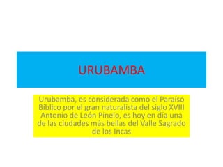 URUBAMBA
Urubamba, es considerada como el Paraíso
Bíblico por el gran naturalista del siglo XVIII
Antonio de León Pinelo, es hoy en día una
de las ciudades más bellas del Valle Sagrado
de los Incas
 