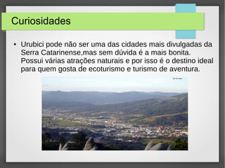 Curiosidades
● Urubici pode não ser uma das cidades mais divulgadas da
Serra Catarinense,mas sem dúvida é a mais bonita.
Possui várias atrações naturais e por isso é o destino ideal
para quem gosta de ecoturismo e turismo de aventura.
 