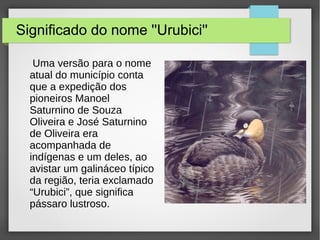 Significado do nome ''Urubici''
Uma versão para o nome
atual do município conta
que a expedição dos
pioneiros Manoel
Saturnino de Souza
Oliveira e José Saturnino
de Oliveira era
acompanhada de
indígenas e um deles, ao
avistar um galináceo típico
da região, teria exclamado
“Urubici”, que significa
pássaro lustroso.
Linha 1 Linha 2 Linha 3 Linha 4
0
2
4
6
8
10
12
Coluna 1
Coluna 2
Coluna 3
 