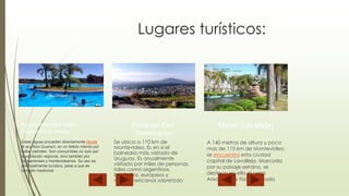 Lugares turísticos: 
Aguas termales (salto 
Paysandú y rivera) 
Estas aguas proceden directamente desde 
el acuífero Guaraní, en un fallido intento por 
hallar petróleo. Son concurridas no solo por 
la población regional, sino también por 
bonaerenses y montevideanos. Su uso es 
principalmente turístico, pese a que es 
también medicinal 
Punta del Este 
(Maldonado) 
Se ubica a 110 km de 
Montevideo. Es en sí el 
balneario más visitado de 
Uruguay. Es anualmente 
visitado por miles de personas, 
tales como argentinos, 
brasileños, europeos y 
norteamericanos sobretodo 
Minas (Lavalleja) 
A 140 metros de altura y poco 
mas de 115 km de Montevideo, 
se encuentra esta ciudad 
capital de Lavalleja. Marcada 
por su paisaje serrano, se 
destaca en ella el cerro 
Arequita, de fácil escalada 
 