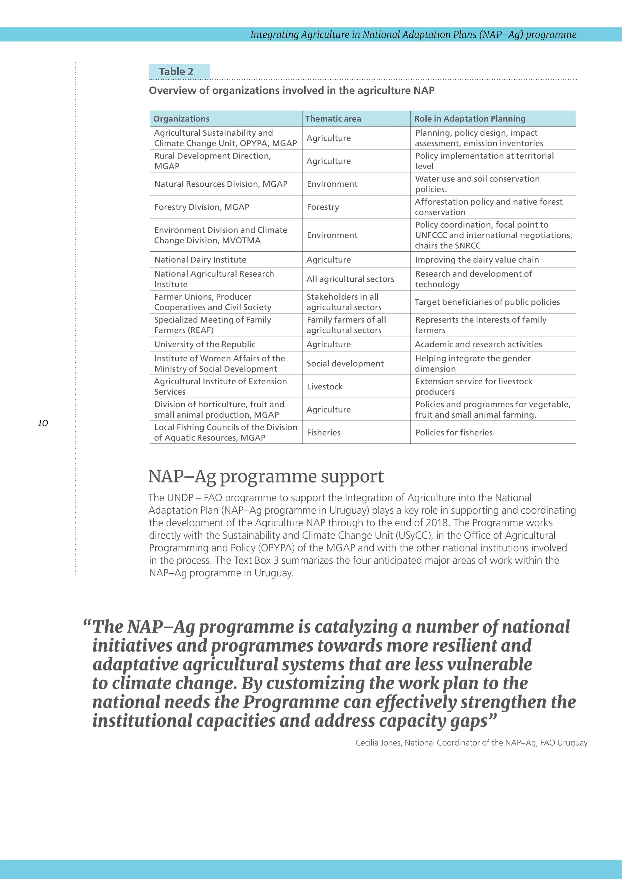 10
Integrating Agriculture in National Adaptation Plans (NAP–Ag) programme
  Table 2 
Overview of organizations involved in the agriculture NAP
Organizations Thematic area Role in Adaptation Planning
Agricultural Sustainability and
Climate Change Unit, OPYPA, MGAP
Agriculture
Planning, policy design, impact
assessment, emission inventories
Rural Development Direction,
MGAP
Agriculture
Policy implementation at territorial
level
Natural Resources Division, MGAP Environment
Water use and soil conservation
policies.
Forestry Division, MGAP Forestry
Afforestation policy and native forest
conservation
Environment Division and Climate
Change Division, MVOTMA
Environment
Policy coordination, focal point to
UNFCCC and international negotiations,
chairs the SNRCC
National Dairy Institute Agriculture Improving the dairy value chain
National Agricultural Research
Institute
All agricultural sectors
Research and development of
technology
Farmer Unions, Producer
Cooperatives and Civil Society
Stakeholders in all
agricultural sectors
Target beneficiaries of public policies
Specialized Meeting of Family
Farmers (REAF)
Family farmers of all
agricultural sectors
Represents the interests of family
farmers
University of the Republic Agriculture Academic and research activities
Institute of Women Affairs of the
Ministry of Social Development
Social development
Helping integrate the gender
dimension
Agricultural Institute of Extension
Services
Livestock
Extension service for livestock
producers
Division of horticulture, fruit and
small animal production, MGAP
Agriculture
Policies and programmes for vegetable,
fruit and small animal farming.
Local Fishing Councils of the Division
of Aquatic Resources, MGAP
Fisheries Policies for fisheries
NAP–Ag programme support
The UNDP – FAO programme to support the Integration of Agriculture into the National
Adaptation Plan (NAP–Ag programme in Uruguay) plays a key role in supporting and coordinating
the development of the Agriculture NAP through to the end of 2018. The Programme works
directly with the Sustainability and Climate Change Unit (USyCC), in the Office of Agricultural
Programming and Policy (OPYPA) of the MGAP and with the other national institutions involved
in the process. The Text Box 3 summarizes the four anticipated major areas of work within the
NAP–Ag programme in Uruguay.
“The NAP–Ag programme is catalyzing a number of national
initiatives and programmes towards more resilient and
adaptative agricultural systems that are less vulnerable
to climate change. By customizing the work plan to the
national needs the Programme can effectively strengthen the
institutional capacities and address capacity gaps”
Cecilia Jones, National Coordinator of the NAP–Ag, FAO Uruguay
 