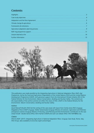 2
Contents
Highlights 3
Case study objectives 4
Adaptation and the Paris Agreement 5
Climate change  agriculture 6
Frameworks  institutions 7
Agriculture adaptation planning process 9
NAP–Ag programme support 11
Lessons learned so far 14
Further information 15
©Communications,MGAP
Cover photo: ©Communications, MGAP
This publication was made possible by the Integrating Agriculture in National Adaptation Plans (NAP–Ag)
Programme, led by the Food and Agriculture Organization of the United Nations (FAO) and the United Nations
Development Programme (UNDP), with generous support from the International Climate Initiative (IKI) of the
Federal Ministry for the Environment, Nature Conservation, Building and Nuclear Safety. The contents are
the responsibility of the authors and do not reflect the views of FAO, UNDP or the Federal Ministry for the
Environment, Nature Conservation, Building and Nuclear Safety.
Authors
David Mansell-Moullin (FAO) led the writing of this case study with inputs from Cecilia Jones (FAO Uruguay),
Magdalena Preve (UNDP Uruguay), Walter Oyhantcabal (Uruguay Ministry of Livestock, Agriculture and Fisheries)
and Ignacio Lorenzo (Uruguay Ministry of Housing, Land Planning and the Environment). Contributors to the case
study include: Claudia Garcia (FAO), Ninni Nyman (UNDP) and Juan Luis Salazar (FAO). FAO-NAPs@fao.org
Citation
FAO  UNDP. (2017). Integrating Agriculture in National Adaptation Plans: Uruguay Case Study. Rome, Italy,
FAO XX pp. (also available at www.fao.org/in-action/naps)
 