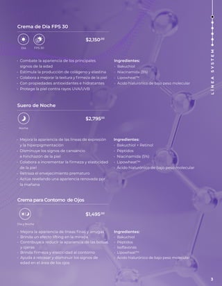 Crema de Día FPS 30
Suero de Noche
Crema para Contorno de Ojos
• Combate la apariencia de los principales
signos de la edad
• Estimula la producción de colágeno y elastina
• Colabora a mejorar la textura y firmeza de la piel
• Con propiedades antioxidantes e hidratantes
• Protege la piel contra rayos UVA/UVB
Ingredientes:
• Bakuchiol
• Niacinamida (3%)
• Lipowheat™
• Ácido hialurónico de bajo peso molecular
• Mejora la apariencia de las líneas de expresión
y la hiperpigmentación
• Disminuye los signos de cansancio
e hinchazón de la piel
• Colabora a incrementar la firmeza y elasticidad
de la piel
• Retrasa el envejecimiento prematuro
• Actúa revelando una apariencia renovada por
la mañana
Ingredientes:
• Bakuchiol + Retinol
• Péptidos
• Niacinamida (5%)
• Lipowheat™
• Ácido hialurónico de bajo peso molecular
• Mejora la apariencia de líneas finas y arrugas
• Brinda un efecto lifting en la mirada
• Contribuye a reducir la apariencia de las bolsas
y ojeras
• Brinda firmeza y elasticidad al contorno
• Ayuda a retrasar y disminuir los signos de
edad en el área de los ojos
Ingredientes:
• Bakuchiol
• Péptidos
• Isoflavonas
• Lipowheat™
• Ácido hialurónico de bajo peso molecular
Día FPS 30
Noche
Día y Noche
$2,150.00
$2,79500
$1,495.00
3
L
Í
N
E
A
S
Y
S
T
E
M
 
