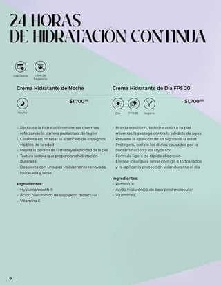 • Restaura la hidratación mientras duermes,
reforzando la barrera protectora de la piel
• Colabora en retrasar la aparición de los signos
visibles de la edad
• Mejora la pérdida de firmeza y elasticidad de la piel
• Textura sedosa que proporciona hidratación
duradera
• Despierta con una piel visiblemente renovada,
hidratada y tersa
Ingredientes:
• Hyalurosmooth ®
• Ácido hialurónico de bajo peso molecular
• Vitamina E
• Brinda equilibrio de hidratación a tu piel
mientras la protege contra la pérdida de agua
• Previene la aparición de los signos de la edad
• Protege tu piel de los daños causados por la
contaminación y los rayos UV
• Fórmula ligera de rápida absorción
• Envase ideal para llevar contigo a todos lados
y re-aplicar la protección solar durante el día
Ingredientes:
• Purisoft ®
• Ácido hialurónico de bajo peso molecular
• Vitamina E
Crema Hidratante de Noche Crema Hidratante de Día FPS 20
Uso Diario Libre de
fragancia
24 HORAS
DE HIDRAT
ACIÓN CONTINUA
$1,700.00
$1,700.00
6
 