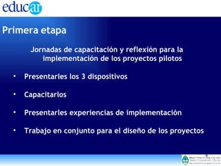 Primera etapa Jornadas de capacitación y reflexión para la implementación de los proyectos pilotos Presentarles los 3 dispositivos Capacitarlos Presentarles experiencias de implementación Trabajo en conjunto para el diseño de los proyectos 
