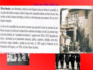 CULTURA:
                         CULTURA
• La “Belle Époque” en Uruguay: el modelo cultural al igual
  que en la mayor parte del mundo era París.
• La moda parisina se manifestaba en:
   –   Vestimenta
   –   Lujo
   –   Arquitectura
   –   Los paseos por la calle principal (Calle Sarandí)
   –   La concurrencia al teatro (Teatro Solís) y al cine.

   “La belle époque montevideana va unida, naturalmente, a los sectores
     social y económicamente más privilegiados”
 