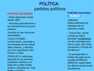 POLÍTICA:
                           POLÍTICA
                         partidos políticos
PARTIDO COLORADO:                             PARTIDO NACIONAL
                                              o BLANCO:
 -había alcanzado el gob.
desde 1863.                                   -Defendió
- Asociado generalmente a                     tradicionalmente los
los intereses de los grupos                   intereses de los
urbanos.                                      sectores rurales.
-dividido en dos facciones                    - Tras la Rev. de las
enfrentadas:                                  Lanzas se había
COLECTIVISMO:                                 acordado verbalmente
conservadora, asociada a                      con los colorados que
los intereses de las clases                   Cerro Largo, San José,
altas urbanas, y liderada                     Canelones y Florida de
por el ex-presidente Julio                    los blancos.
Herrera y Obes
                                              - El principal líder a
POPULISTA: reformista,                        finales del siglo era el
apoyada en los sectores                       caudillo APARICIO
populares urbanos y en                        SARAVIA, quién lidero
parte de la clase media                       las últimas revoluciones
urbana y liderada por José                    caudillescas.
 
