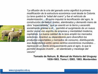 “La difusión de la cría del ganado ovino significó la primera
modificación de la estructura económica rural desde la Colonia.
La lana quebró la “edad del cuero” y fue el vehículo de
modernización… El ovino impulsó la tecnificación del agro, la
construcción de baños, bretes, alambrados y demandó mano de
obra “especializada”, que se asentó en la tierra y ascendió
socialmente gracias a él… permitió el surgimiento de un nuevo
sector social con espíritu de empresa y mentalidad moderna,
capitalista. La buena calidad de la lana amplió los mercados
exteriores. Acentuó su dependencia pero diversificó los
productos exportables y mercados de consumo, distribuyendo
esa dependencia entre varios centros económicos mundiales…
representó un fuerte enriquecimiento para el agro, lo que le
permitió después invertir… en alambrado y mestizaje del
vacuno”
Tomado de Nahum, B. Manual de Historia del Uruguay
1830-1903. Tomo I. EBO. 1993. Montevideo
 
