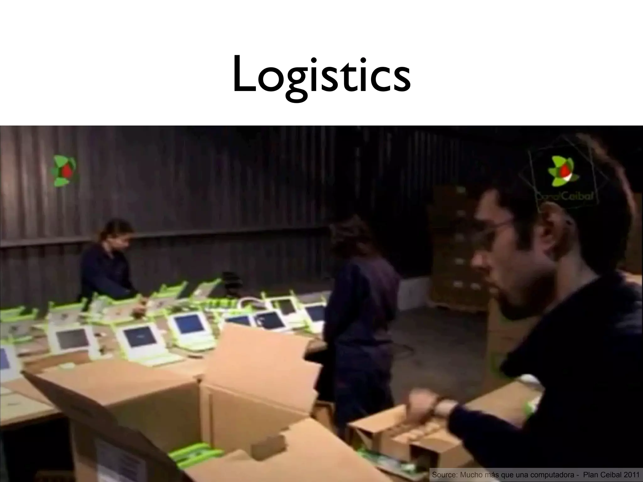 Logistics




            Source: Mucho más que una computadora - Plan Ceibal 2011
 