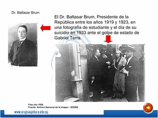 El Dr. Baltasar Brum, Presidente de la
República entre los años 1919 y 1923, en
una fotografía de estudiante y el día de su
suicidio en 1933 ante el golpe de estado de
Gabriel Terra.
Dr. Baltasar Brum
Foto año 1938.
Fuente: Archivo Nacional de la Imagen - SODRE
 