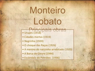 Monteiro Lobato Principais obras •  Urupês (1918) •  Cidades mortas (1919) •  Negrinha (1920) •  O choque das Raças (1926) •  A menina do narizinho arrebitado (1920) •  A Barca de Gleyre (1944) •  Escândalo do Petróleo. (1936) 