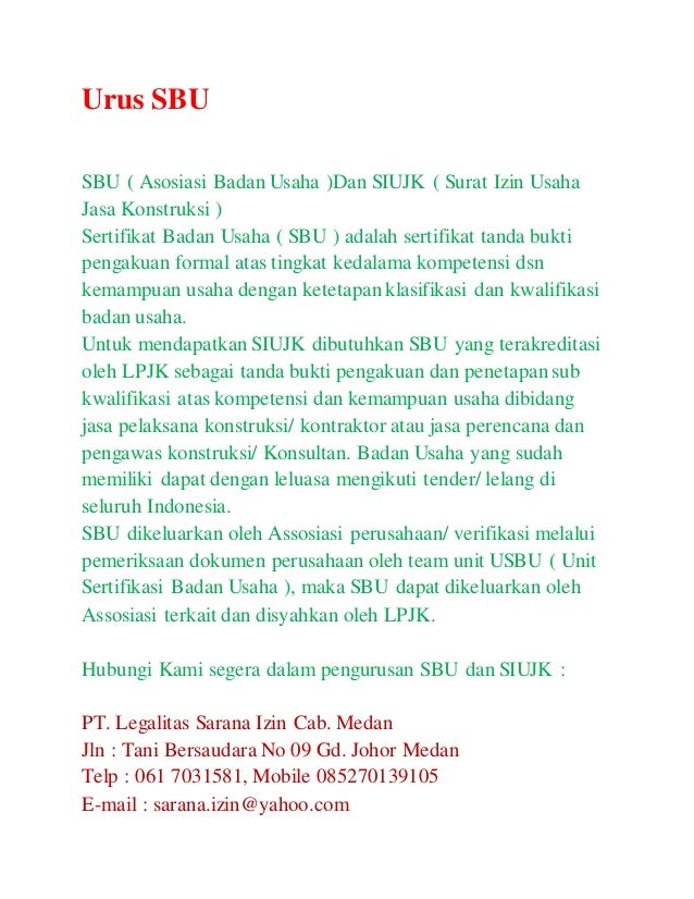 Urus sbu (Assosiai Badan Usaha) SKT, SIUJK, LPJK - Medan.