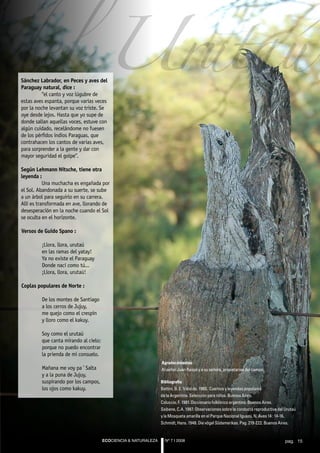 del Urutaú
Sánchez Labrador, en Peces y aves del
Paraguay natural, dice :
	         “el canto y voz lúgubre de
estas aves espanta, porque varias veces
por la noche levantan su voz triste. Se
oye desde lejos. Hasta que yo supe de
donde salían aquellas voces, estuve con
algún cuidado, recelándome no fuesen
de los pérfidos indios Paraguas, que
contrahacen los cantos de varias aves,
para sorprender a la gente y dar con
mayor seguridad el golpe”.

Según Lehmann Nitsche, tiene otra
leyenda :
	          Una muchacha es engañada por
el Sol. Abandonada a su suerte, se sube
a un árbol para seguirlo en su carrera.
Allí es transformada en ave, llorando de
desesperación en la noche cuando el Sol
se oculta en el horizonte.

Versos de Guido Spano :

	        ¡Llora, llora, urutaú
	        en las ramas del yatay!
	        Ya no existe el Paraguay
	        Donde nací como tú...
	        ¡Llora, llora, urutaú!

Coplas populares de Norte :

	        De los montes de Santiago
	        a los cerros de Jujuy,
	        me quejo como el crespín
	        y lloro como el kakuy.

	        Soy como el urutaú
	        que canta mirando al cielo;
	        porque no puedo encontrar
	        la prienda de mi consuelo.
                                                                 Agradecimientos
	        Mañana me voy pa ’ Salta                                Al señor Juan Raspo y a su señora, propietarios del campo.
	        y a la puna de Jujuy,
	        suspirando por los campos,                              Bibliografía
	        los ojos como kakuy.                                    Battini, B. E. Vidal de. 1960. Cuentos y leyendas populares
                                                                 de la Argentina. Selección para niños. Buenos Aires.
                                                                 Coluccio, F. 1981. Diccionario folklórico argentino. Buenos Aires.
                                                                 Saibene, C.A. 1987. Observaciones sobre la conducta reproductiva del Urutaú
                                                                 y la Mosqueta amarilla en el Parque Nacional Iguazú. N. Aves 14 : 14-16.
                                                                 Schmidt, Hans. 1948. Die vögel Südamerikas. Pag. 219-222. Buenos Aires.


                                       ECOCIENCIA & NATURALEZA     Nº 7 | 2008                                                        pag. 15
 