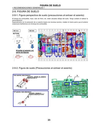FIGURA DE SUELO
< RECOMENDACIONES GENERALES >
23
2-9. FIGURA DE SUELO
2-9-1. Figura perspectiva de suelo (precauciones al extraer el asiento)
El tanque de combustible, mazo, tubo de freno, etc. están ubicados debajo del suelo. Tenga cuidado al realizar la
personalización.
Especialmente con la extracción de un asiento trasero de microbus (ancho), instalar el mismo perno que el anterior
ocasionará interferencia con el tanque de combustible.
2-9-2. Figura de suelo (Precauciones al extraer el asiento)
ACTUAL
SUP SUP
Al quitar el asiento y el
perno de fijación
<3er asiento, lado trasero>
SOPORTE - ENSAM. 3er ASIENTO
MONTAJE INR LH
<4º asiento, lado delantero>
SOPORTE - ENSAM. 5º
ASIENTO MONTAJE FR RH
 