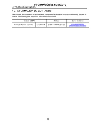 INFORMACIÓN DE CONTACTO
< INTRODUCCIÓN E ÍNDICE >
8
1-3. INFORMACIÓN DE CONTACTO
Para consultas relacionadas con la personalización, construcción de carrocería, equipo y documentación, póngase en
contacto con nosotros y se le direccionará con el área correspondiente.
Contacto NISSAN Teléfono Correo electrónico
Centro de Atención a Clientes CAC NISSAN 01 800 9 NISSAN (647726)
www.nissan.com.mx
cacnissan@nissan.com.mx
 