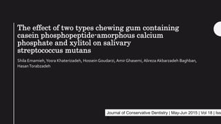 The effect of two types chewing gum containing
casein phosphopeptide-amorphous calcium
phosphate and xylitol on salivary
streptococcus mutans
Shila Emamieh,Yosra Khaterizadeh, Hossein Goudarzi, Amir Ghasemi, Alireza Akbarzadeh Baghban,
HasanTorabzadeh
Journal of Conservative Dentistry | May-Jun 2015 | Vol 18 | Issu
3
 