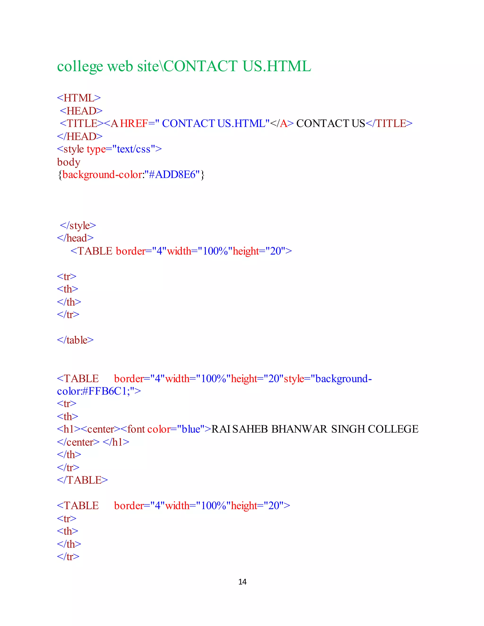 14
college web siteCONTACT US.HTML
<HTML>
<HEAD>
<TITLE><AHREF=" CONTACT US.HTML"</A> CONTACT US</TITLE>
</HEAD>
<style type="text/css">
body
{background-color:"#ADD8E6"}
</style>
</head>
<TABLE border="4"width="100%"height="20">
<tr>
<th>
</th>
</tr>
</table>
<TABLE border="4"width="100%"height="20"style="background-
color:#FFB6C1;">
<tr>
<th>
<h1><center><font color="blue">RAISAHEB BHANWAR SINGH COLLEGE
</center> </h1>
</th>
</tr>
</TABLE>
<TABLE border="4"width="100%"height="20">
<tr>
<th>
</th>
</tr>
 