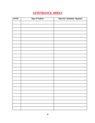 36
ATTENDANCE SHEET
DATE Sign of Student Operator institution Signature
 