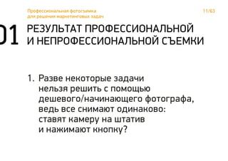 11/63Профессиональная фотосъемка
для решения маркетинговых задач
01
Разве некоторые задачи
нельзя решить с помощью
дешевого/начинающего фотографа,
ведь все снимают одинаково:
ставят камеру на штатив
и нажимают кнопку?
1.
РЕЗУЛЬТАТ ПРОФЕССИОНАЛЬНОЙ
И НЕПРОФЕССИОНАЛЬНОЙ СЪЕМКИ
 