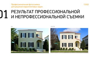 01 РЕЗУЛЬТАТ ПРОФЕССИОНАЛЬНОЙ
И НЕПРОФЕССИОНАЛЬНОЙ СЪЕМКИ
последо
13/63Профессиональная фотосъемка
для решения маркетинговых задач
 