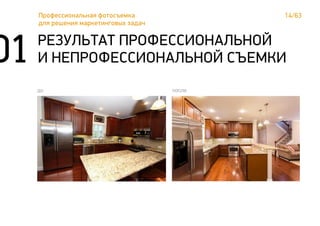 01 РЕЗУЛЬТАТ ПРОФЕССИОНАЛЬНОЙ
И НЕПРОФЕССИОНАЛЬНОЙ СЪЕМКИ
последо
14/63Профессиональная фотосъемка
для решения маркетинговых задач
 