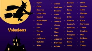 Volunteers
– Alexei
– Jaehwan
– Boshra
– Andy
– Wilson
– Jessica
– Alezza
– Jane
– Marc
– LILY
– AHJUNG
– Gurshan
– Panda
– Harnee
– Ervin
– Raine
– Eric
– Kylie
– Jihwan
– Justin V.
– Bronkay
– Justin
– Sampson
– Hadia
– Haya
– Avery
– Irene
– Loraine
– Alina
– Hojung
– Kate
– Kaya
– Giovanna
– Tooba
– Patricia
– Digi
– Belinda
– Alex
– Victor
– Tyler
– Celia
– Haewon
– Ling-Ling
– Daniel
– Mansimran
– Nicole
– Son
– Wayne
– Anh
– Jollivette
– Oyhette
– Nina
 