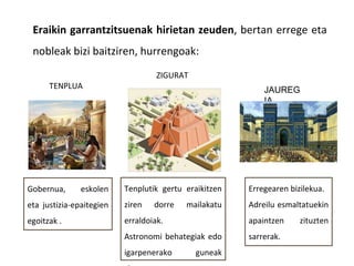 Gobernua, eskolen
eta justizia-epaitegien
egoitzak .
Tenplutik gertu eraikitzen
ziren dorre mailakatu
erraldoiak.
Astronomi behategiak edo
igarpenerako guneak
Erregearen bizilekua.
Adreilu esmaltatuekin
apaintzen zituzten
sarrerak.
Eraikin garrantzitsuenak hirietan zeuden, bertan errege eta
nobleak bizi baitziren, hurrengoak:
ZIGURAT
TENPLUA JAUREG
IA
 