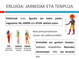 ERLIJIOA: JAINKOAK ETA TENPLUA
Politeistak ziren, Eguzkia zen haien jainko
nagusiena: RA, AMON edo ATON deitzen zuten.
Animaliak ere gurtzen zituzten,
adibidez; krokodriloa. Naturako
elementuak; Nilo eta faraoiak
ere.
Beste jainko garrantzitsuak
zituzten: ISIS, OSIRIS eta HORUS.
ISIS
JAINKOSA
NAGUSIENA
OSIRIS
INFERNUAR
EN JAINKOA
HORUS
ZERUAREN
JAINKOA
 